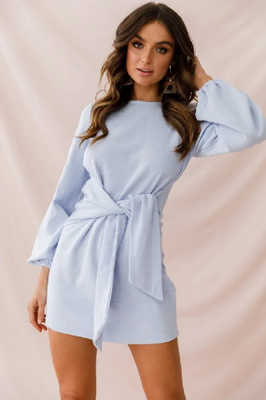 Rapt Waist Tie Bishop Sleeve Knit Dress Steel Blue Tunics Formal black