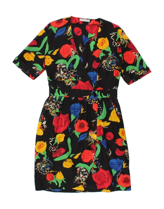 VINTAGE Womens A-Line Dress UK 12 Medium Black Floral Silk Tunics Office stylish