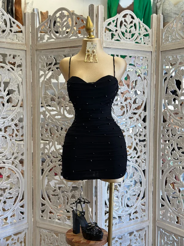 Black Pearl Detail Cowl Mini Dress Stylish Summer Mini Dress