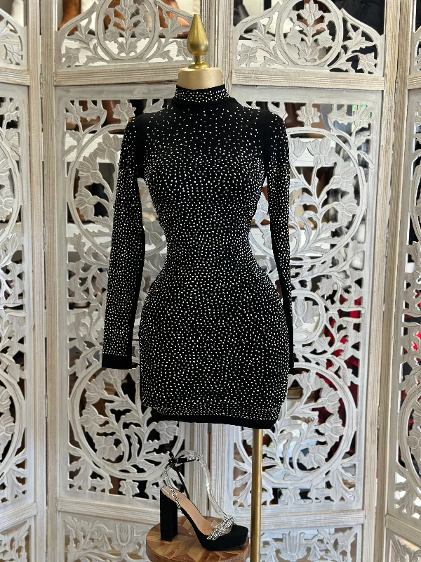 Black Rhinestone Mock Neck Mini Dress Cozy Wraparound Mini Dress