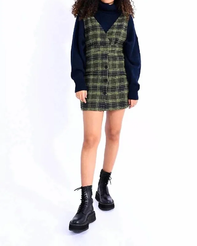 Plaid Jumper Mini Dress In Green | Green Comfortable Fit-and-Flare Mini Dress