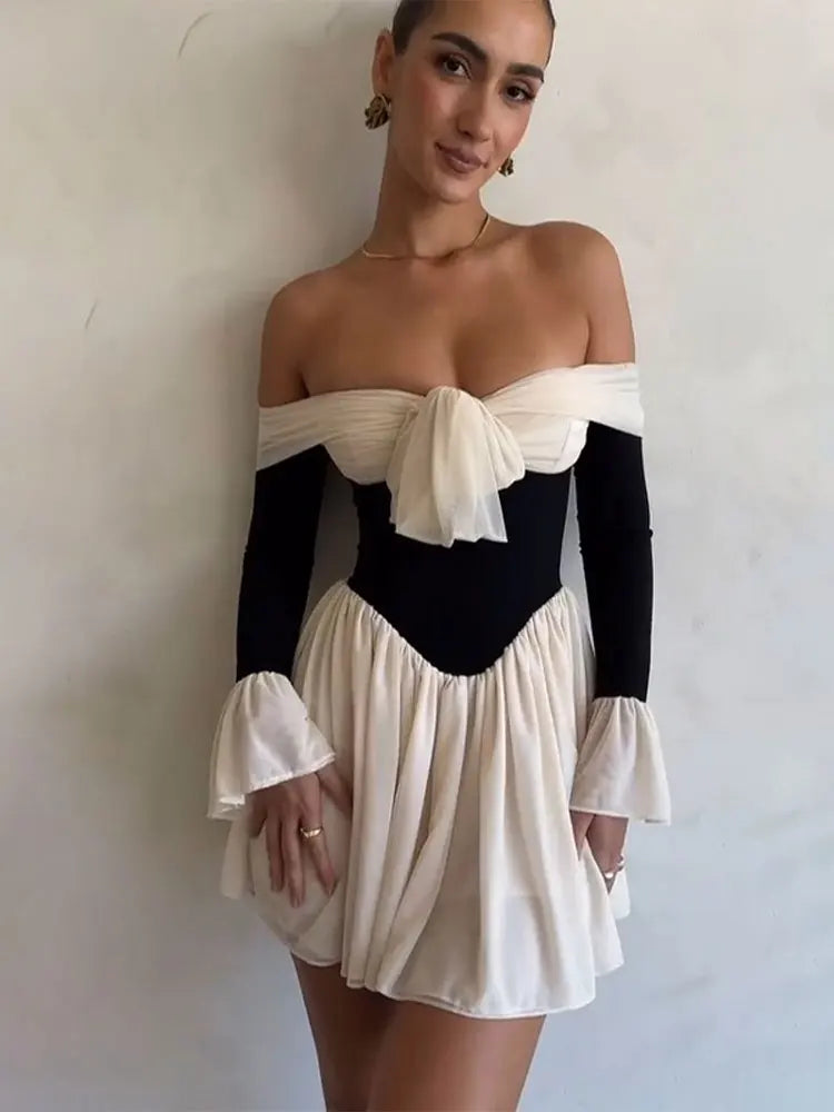 Getadme-Off Shoulder Ruffles Patchwork Mini Dress Women Sexy Backless Long Sleeve High Waist Slim Dresses Elegant Female Street Vestidos Cozy Cotton Mini Dress