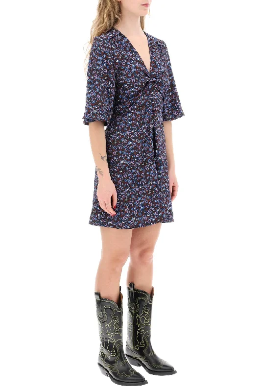 Ganni Mini Floral Crinkled Satin Dress Cowl Neckline Elegant