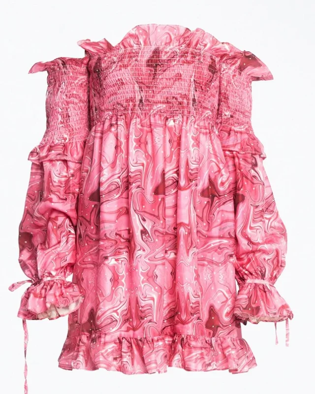Venus Off-The-Shoulder Smocked Charmeuse Mini Dress in Pink | Pink Cozy Cotton Mini Dress