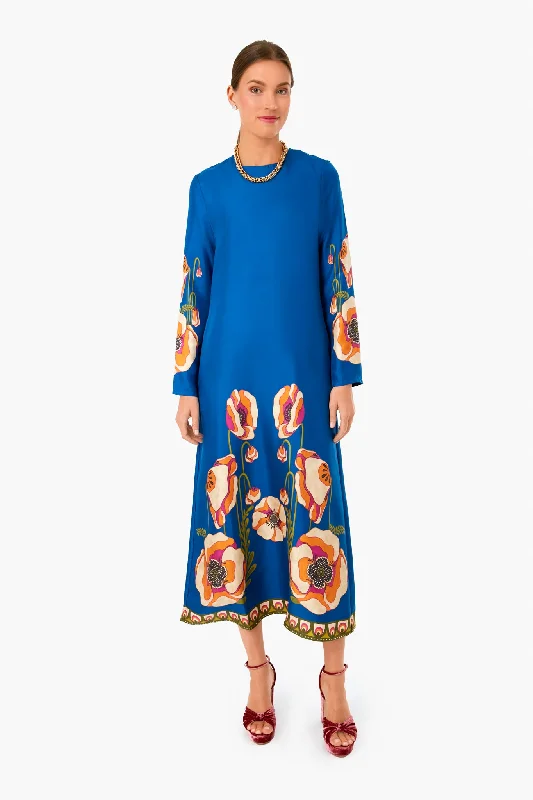 Poppies Blue Placee Long Sleeve Swing Dress Tunics Stylish elegant
