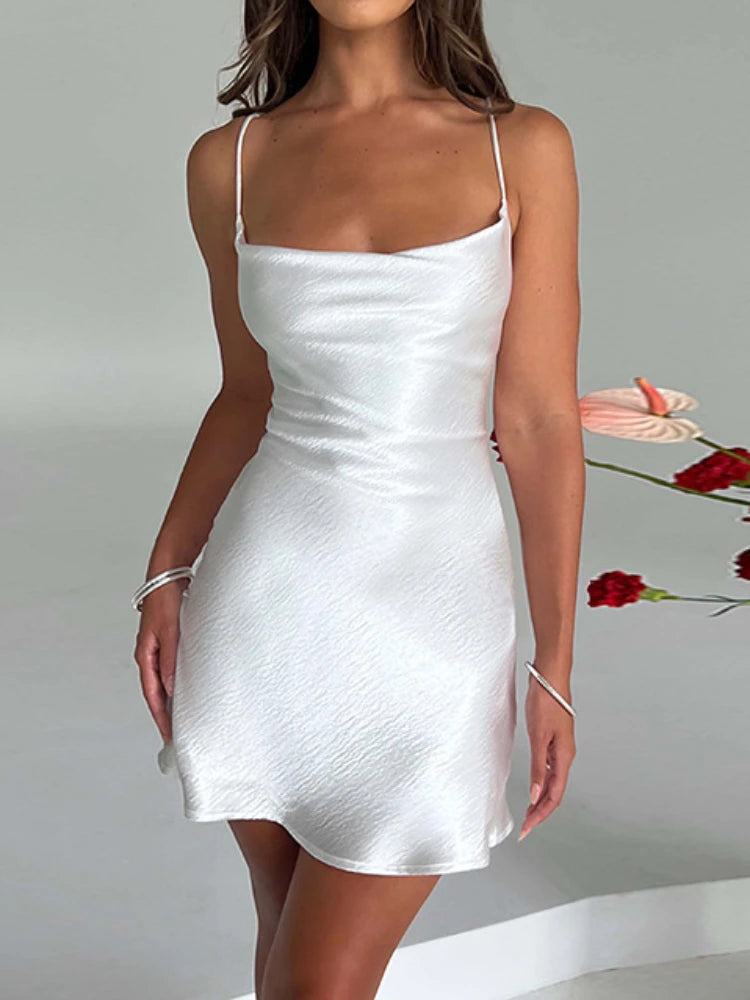 Getadme-Women's Satin Cowl Neck Sleeveless Spaghetti Strap Cami Mini Dress Criss Cross Backless Cocktail Party Short Dresses Fashionable Mini Dress with Frills