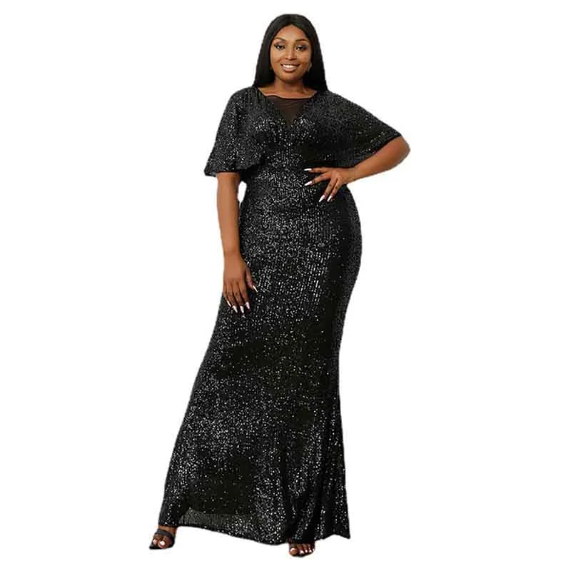 Women's Plus Size Shinny Sequin Black Evening Dress Sleeve Prom Gown Tunics Polka dots