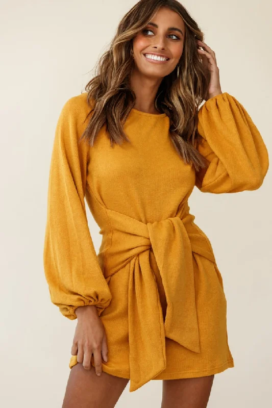 Rapt Waist Tie Knit Dress Mustard Tunics Yoga stretchy