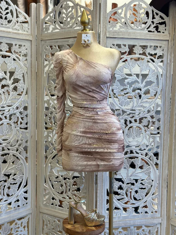 Marble One Sleeve Ruched Mini Dress- Stretchy Fashionable Lace Mini Dress