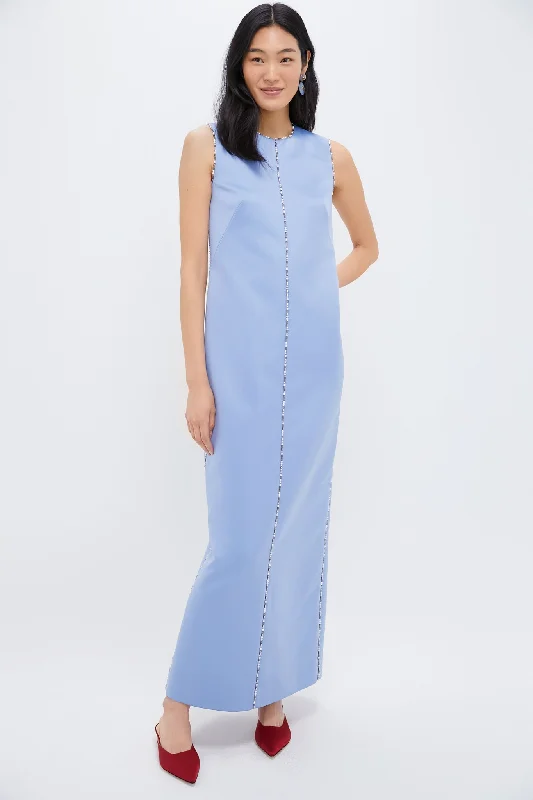 Baby Blue Amon Embroidered Doppio Satin Dress Tunics Silk luxurious