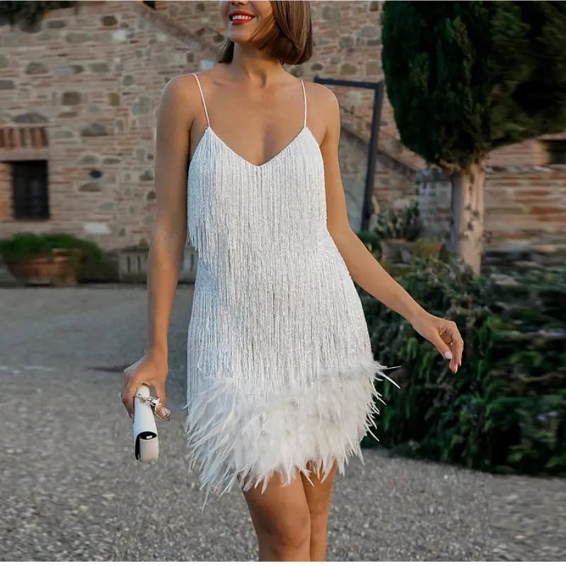 Spring Outfits New Sexy Tassel Sequins Feather Mini Dress Women Spaghetti Strap Stitching Dresses Female Elegant Evening Party Club Dress Elegant Satin Lace Mini Dress