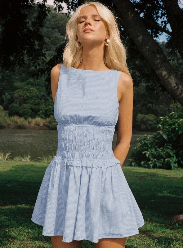 Yennifer Shirred Mini Dress Blue / White Tall Comfortable Linen Mini Dress