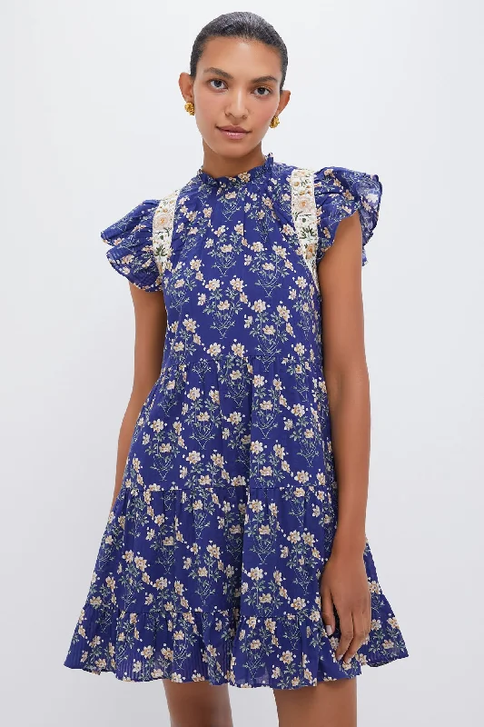 Exclusive Blue Elizabeth Print Mini Flutter Sleeve Dress Tunics Sophisticated sleek