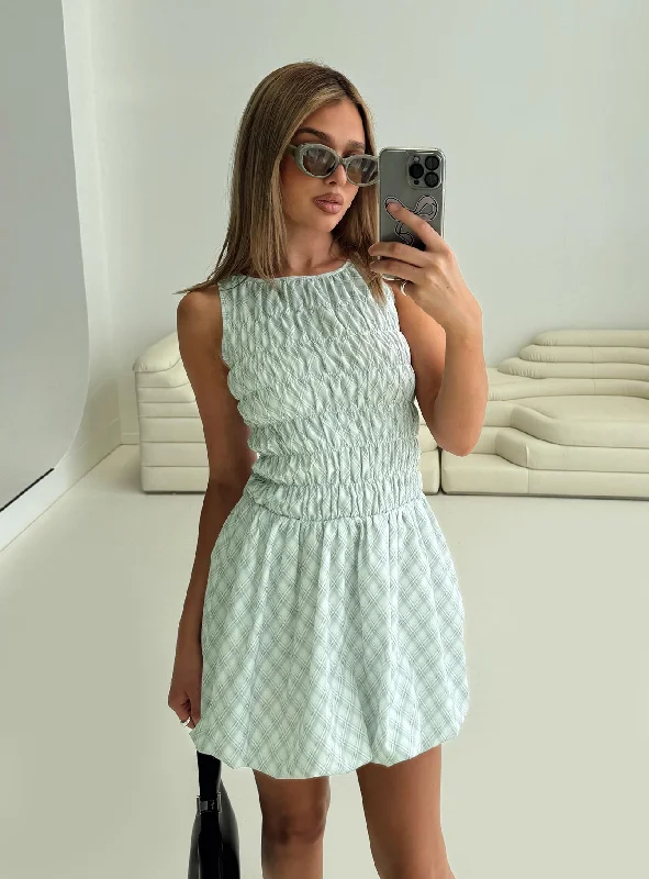 Demure Shirred Bubble Hem Mini Dress Check Cozy Satin Mini Dress