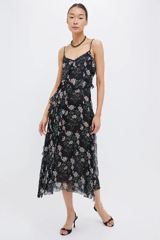 Black Elizabeth Print Midi Tiered Dress Tunics Denim casual