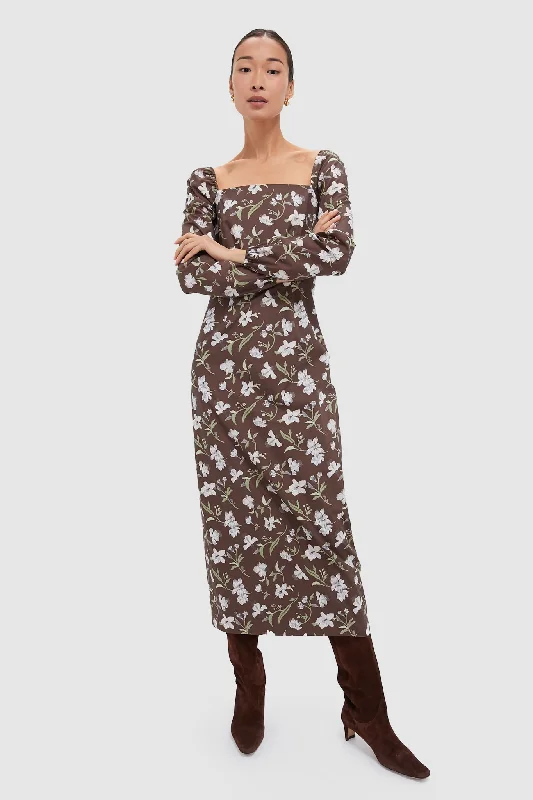 Brown Hibiscus Pencil Dress Tunics Practical easy-care