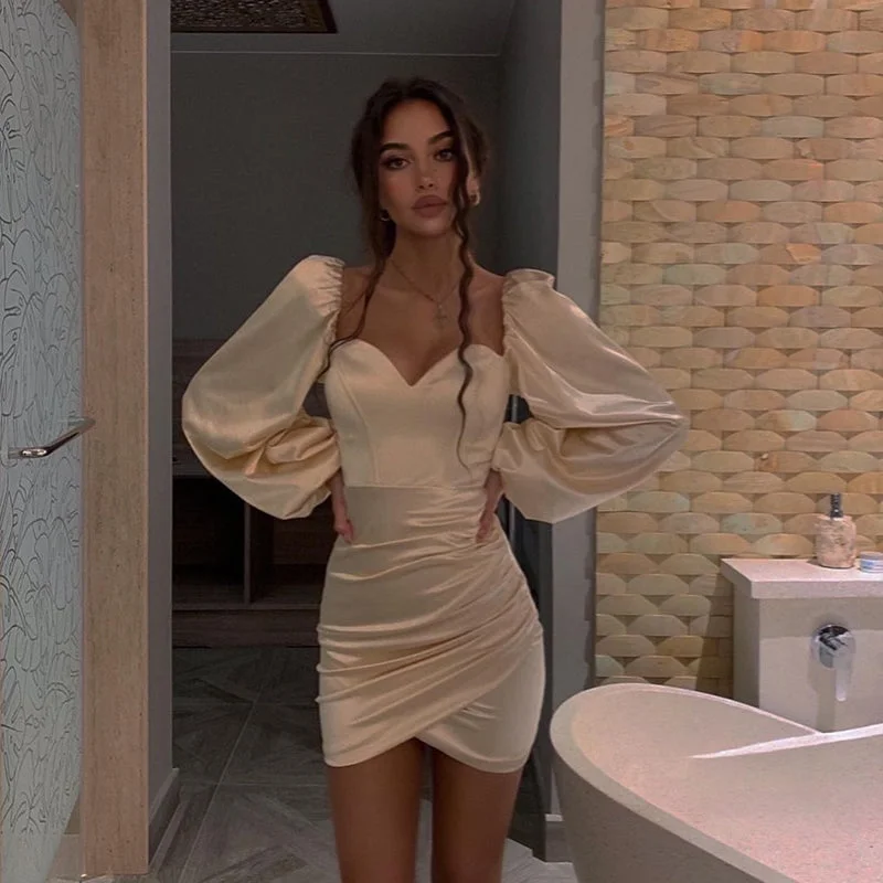 Solid Women Satin Lantern Sleeve Mini Dress Slit Ruched Bodycon Sexy Party Elegant Streetwear Club 2021 Spring Summer Fashionable Summer Mini Dress