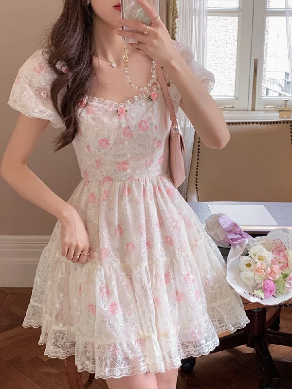 Getadme-Floral Lace Korean Sweet Dress Women France Vintage Elegant Party Mini Dresses Female Print Casual Beach Boho Fairy Dress Summer Elegant Satin Mini Dress
