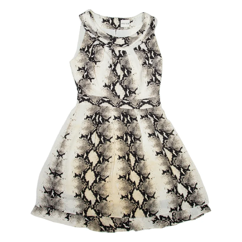 REISS Snake Print Fit & Flare Dress Cream Sleeveless Knee Length Womens UK 10 Boat Neckline Classic