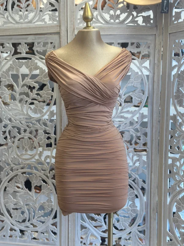 Nude Crossed Mini Dress Chic Puff Sleeve Mini Dress
