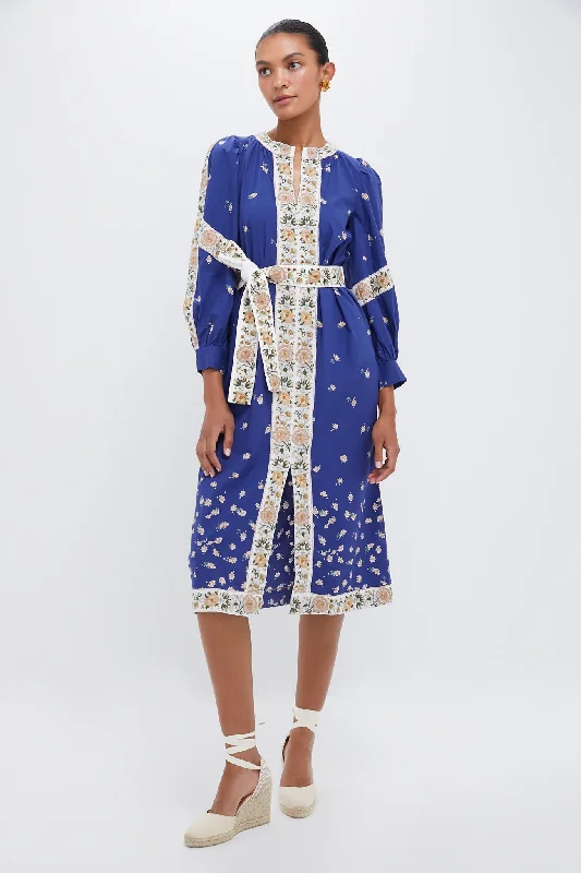 Exclusive Blue Elizabeth Print Longsleeve Caftan Dress Tunics Chic elegant