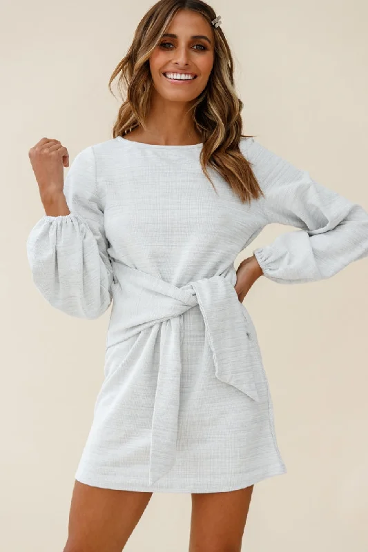 Rapt Waist Tie Bishop Sleeve Knit Dress Steel Grey Square Neckline Feminine