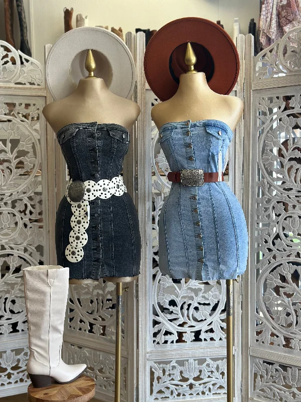 Strapless Denim Button Mini Dress- Stretchy Trendy Crossover Mini Dress