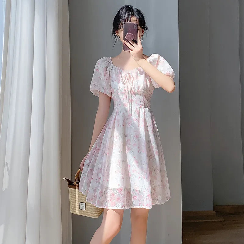 Summer 2023 Women Fairy Mini Dress Slash Neck Floral Sweet Romantic Princess Dresses Puff Sleeve Elegant Feminine Chic Vestido Fashionable Mini Dress with Frills