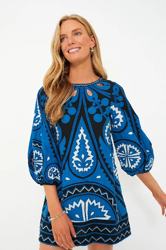 Blue Gael Applique Long Sleeve Tunic Dress Tunics Satin smooth