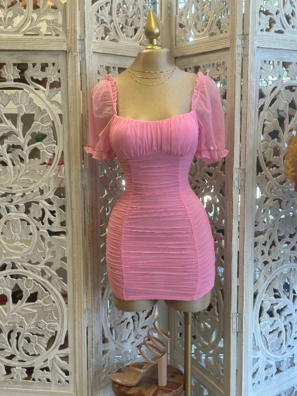 Mesh Sleeve Pink Mini Dress Stylish Ruffle Mini Dress
