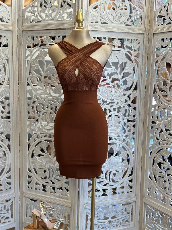 Cognac Crossed Mini Dress Classic Floral Print Mini Dress