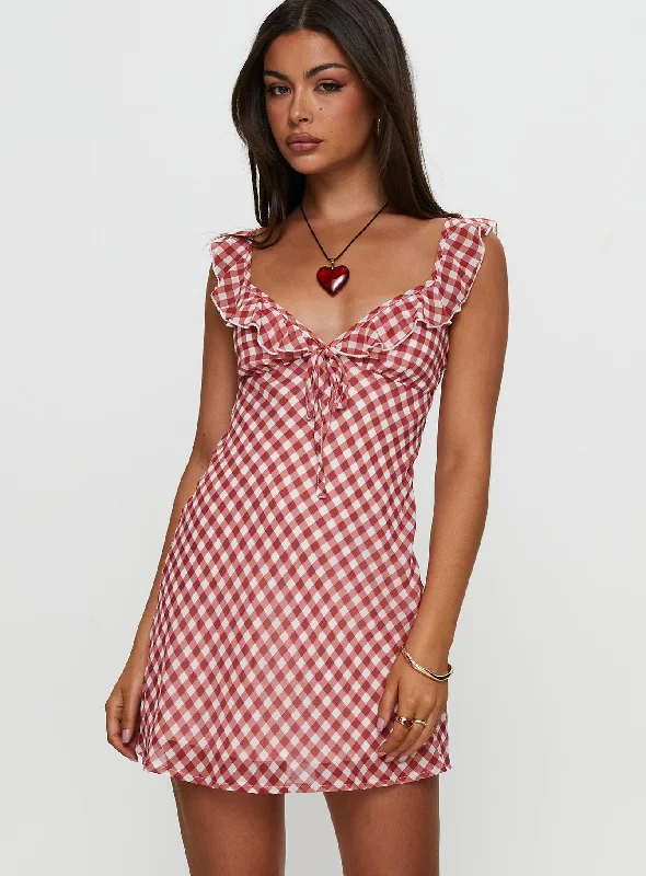Marseilla Mini Dress Red Check Elegant Vintage Mini Dress