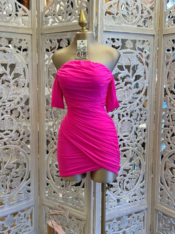 Hot Pink Draped Mini Dress Stylish Ribbed Mini Dress