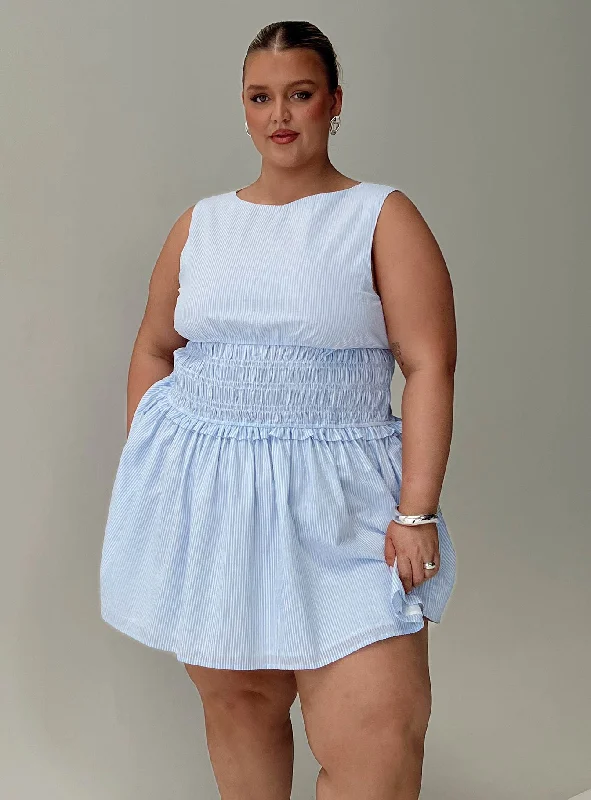 Yennifer Shirred Mini Dress Blue / White Curve Trendy Mini Dress with Belt
