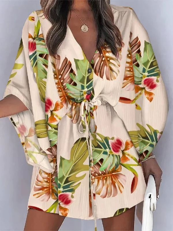 Printed Mini Dress with Button Detail Stylish Ribbed Mini Dress