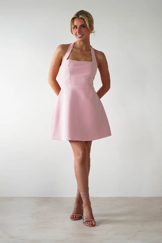 Morocco Halterneck Mini Dress | Pink Elegant Off-Shoulder Dress Mini