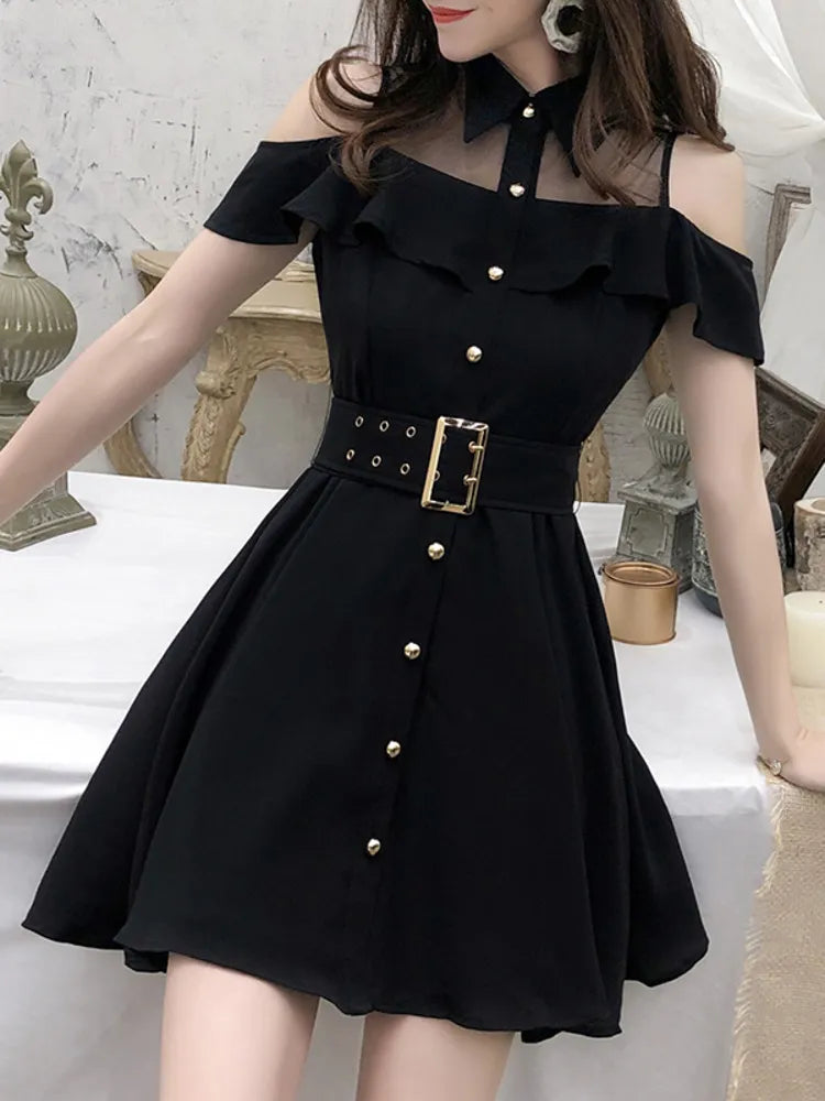 Getadme New Single Breasted Women Summer Dress Sweet Chic Black office work Short mini Dresses With Belt Vestidos jurken Classic Floral Mini Dress