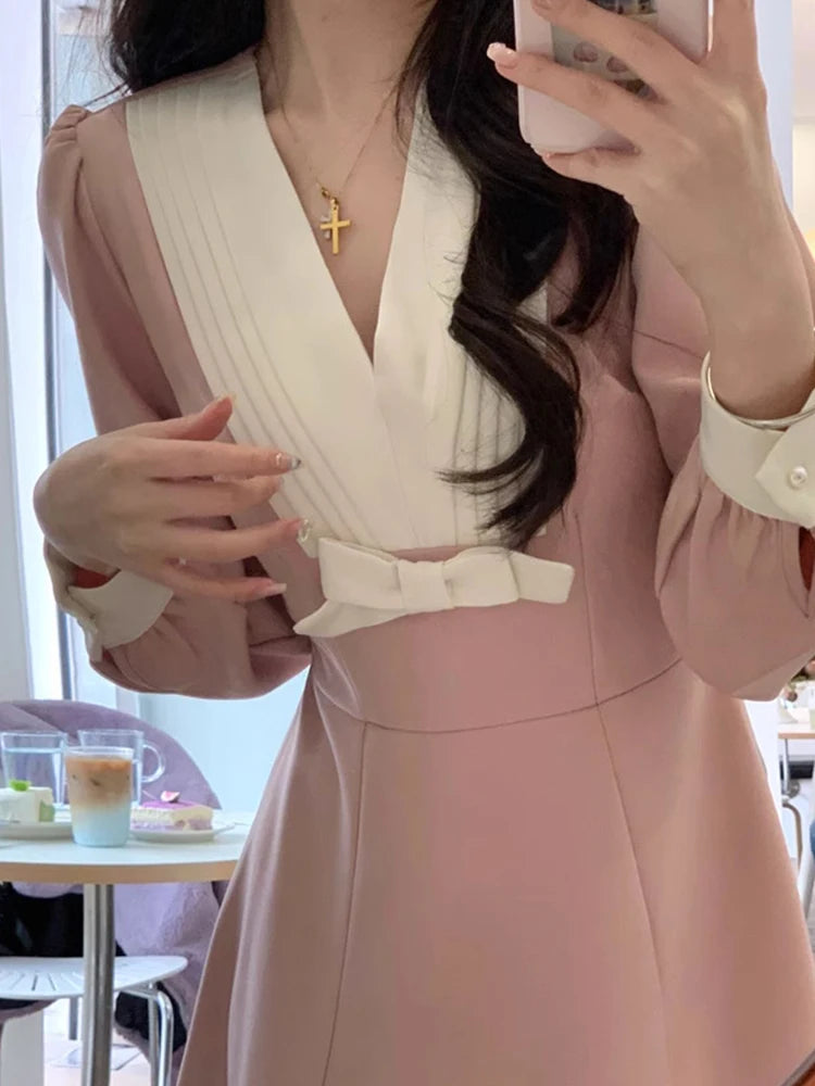 Getadme-Faymusty Women's Pink Sweet Dress with Bow Chic Lace Party Mini Dresses Female Casual High Waist Patchwork Kawaii Spring  2024 Fashionable Summer Mini Dress