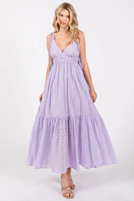 Lavender Floral Eyelet Shoulder Tie Dress Tunics Yoga stretchy