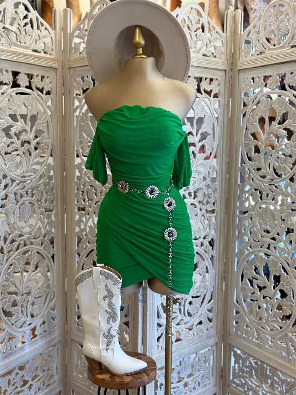 Green Draped Mini Dress Fashionable Mini Dress with Frills