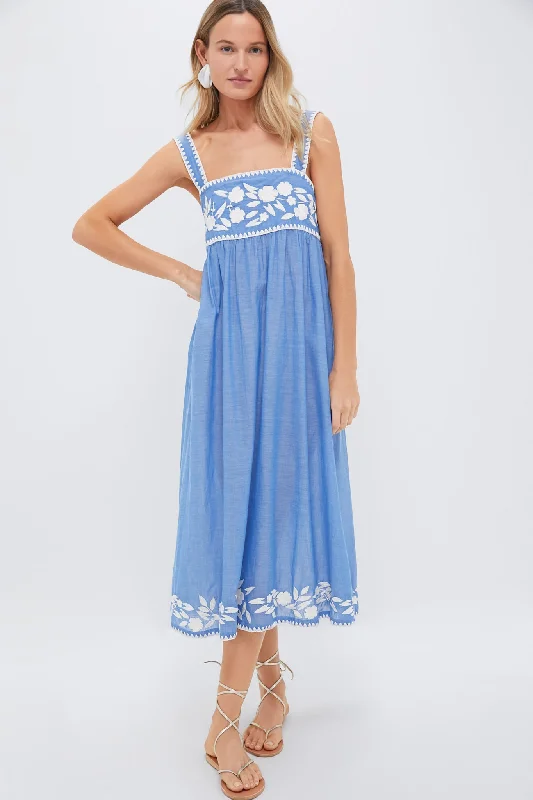 Denim and Cream Chambray Tie Back Dress with Embroidery Tunics Mesh breathable