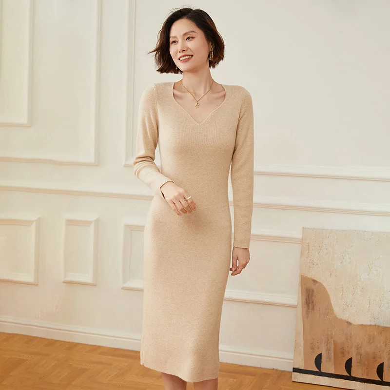 Women's Cashmere Dresses Long V Neck Cashmere Sweather Dresses Tunics Solid Classic