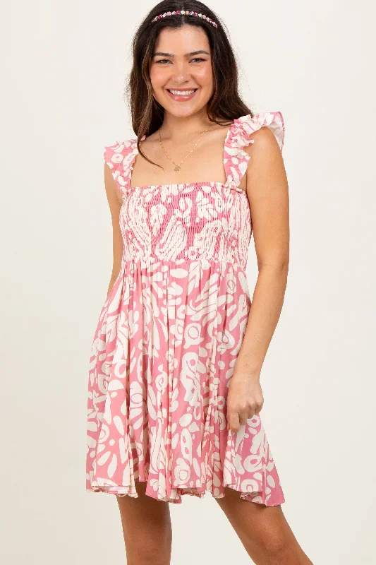 Pink Printed Smocked Ruffle Strap Dress Tunics Trousers formal