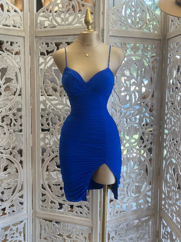 Royal Blue Slit Mini Dress Comfortable Wrap Mini Dress