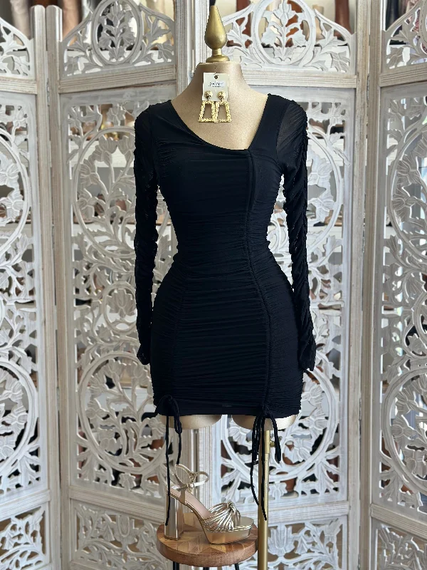 Black Asymmetrical Ruched Mini Dress-Stretchy Cozy Cowl Neck Mini Dress