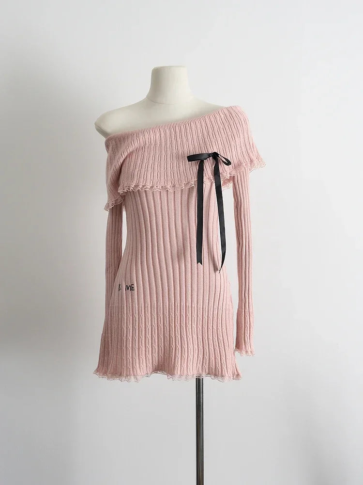 Sweet Knitted Dresses Women Summer Slash Neck Long Sleeve Bow Decoration Mini Dress Kawaii Clothes Trendy Camisole Mini Dress