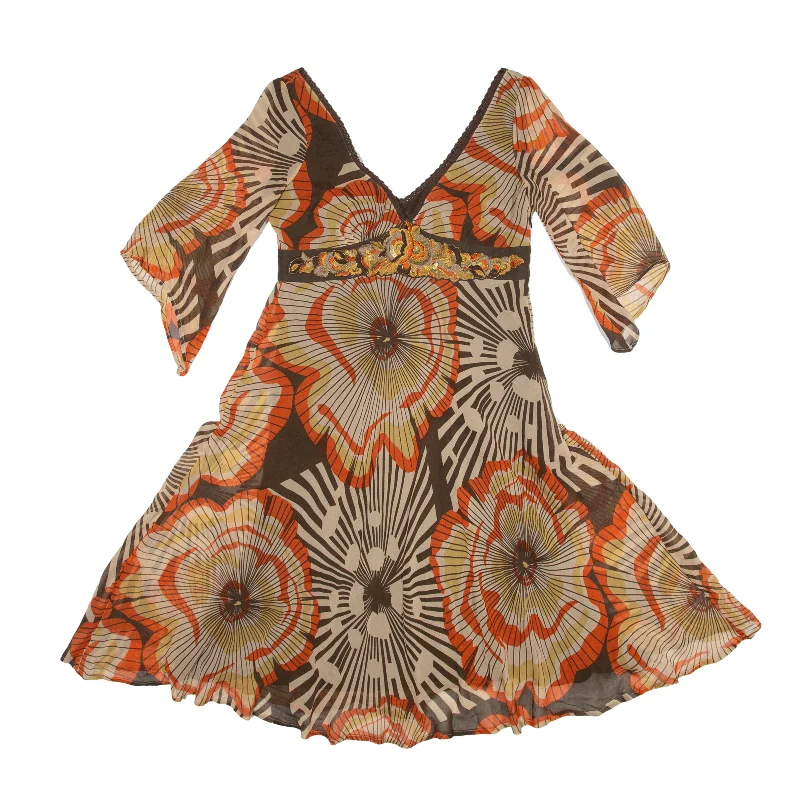 KAREN MILLEN Tea Dress Brown Crazy Pattern 3/4 Sleeve Knee Length Womens UK 8 Tunics Spring floral