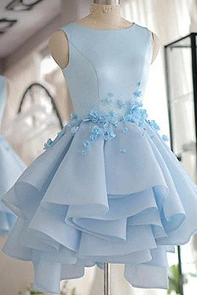 Sky Blue A-line Scoop Neck Satin Tulle Short Flowers Original Mini Dress Homecoming Dress Fashionable Boho-Chic Mini Dress