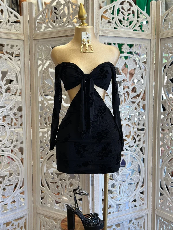 Black Ruched Cutout Crossed Mini Dress Cozy Cotton Mini Dress