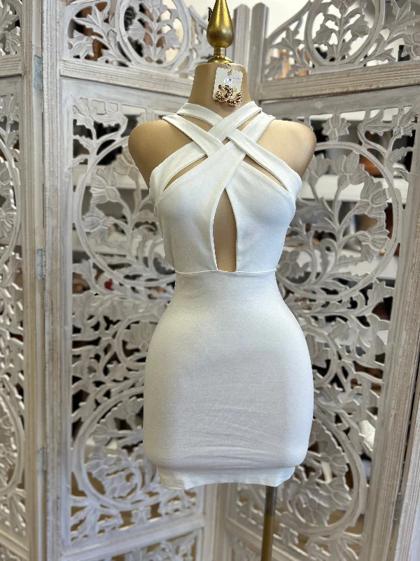 Crossed Cutout White Mini Dress - Slightly Stretchy Fashionable Pleated Mini Dress
